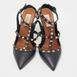 Pre Owned Valentino Navy Blue Leather Rockstud Ankle Strap Pumps Size 39.5