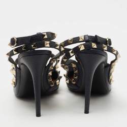 Pre Owned Valentino Navy Blue Leather Rockstud Ankle Strap Pumps Size 39.5