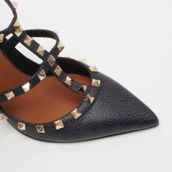 Pre Owned Valentino Navy Blue Leather Rockstud Ankle Strap Pumps Size 39.5