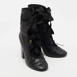 Pre Owned Valentino Black Texture Leather Lace Up Ankle Boots Size 37