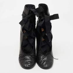 Pre Owned Valentino Black Texture Leather Lace Up Ankle Boots Size 37