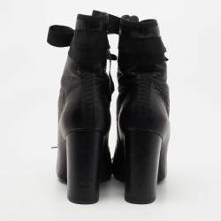 Pre Owned Valentino Black Texture Leather Lace Up Ankle Boots Size 37