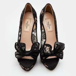 Pre Owned Valentino Black Lace Couture Bow Open Toe Platform Pumps Size 37