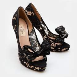 Pre Owned Valentino Black Lace Couture Bow Open Toe Platform Pumps Size 37