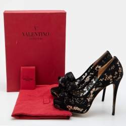 Pre Owned Valentino Black Lace Couture Bow Open Toe Platform Pumps Size 37