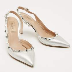 Pre Owned Valentino Silver Leather Rockstud D'orsay Slingback Pumps Size 38
