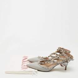 Pre Owned Valentino Grey Leather Rockstud Ankle Strap Pumps Size 38.5