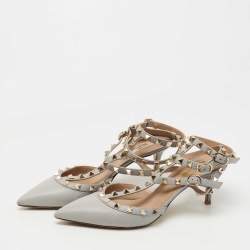Pre Owned Valentino Grey Leather Rockstud Ankle Strap Pumps Size 38.5