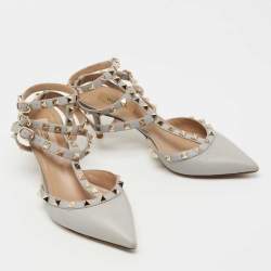 Pre Owned Valentino Grey Leather Rockstud Ankle Strap Pumps Size 38.5