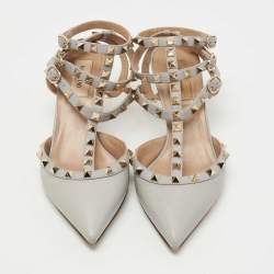 Pre Owned Valentino Grey Leather Rockstud Ankle Strap Pumps Size 38.5