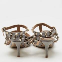 Pre Owned Valentino Grey Leather Rockstud Ankle Strap Pumps Size 38.5