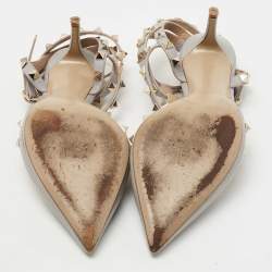 Pre Owned Valentino Grey Leather Rockstud Ankle Strap Pumps Size 38.5