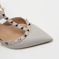 Pre Owned Valentino Grey Leather Rockstud Ankle Strap Pumps Size 38.5