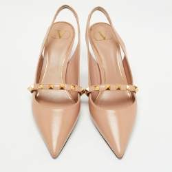 Pre Owned Valentino Beige Leather Rockstud Slingback Pumps Size 37.5