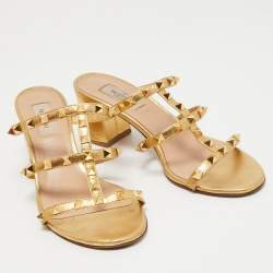 Pre Owned Valentino Gold Leather Rockstud Slides Size 38.5