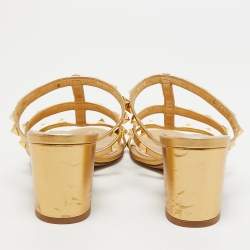 Pre Owned Valentino Gold Leather Rockstud Slides Size 38.5