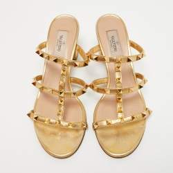 Pre Owned Valentino Gold Leather Rockstud Slides Size 38.5