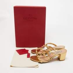 Pre Owned Valentino Gold Leather Rockstud Slides Size 38.5