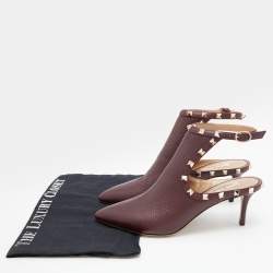 Pre Owned Valentino Burgundy Leather Rockstud Cutout Pointed Toe Ankle Boots Size 36.5
