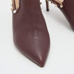 Pre Owned Valentino Burgundy Leather Rockstud Cutout Pointed Toe Ankle Boots Size 36.5