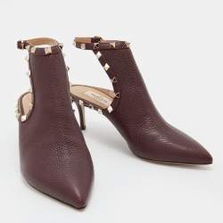 Pre Owned Valentino Burgundy Leather Rockstud Cutout Pointed Toe Ankle Boots Size 36.5