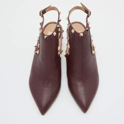 Pre Owned Valentino Burgundy Leather Rockstud Cutout Pointed Toe Ankle Boots Size 36.5