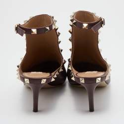 Pre Owned Valentino Burgundy Leather Rockstud Cutout Pointed Toe Ankle Boots Size 36.5