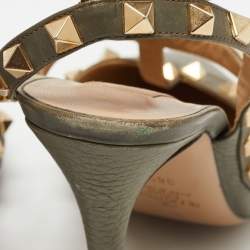 Pre Owned Valentino Army Green Leather Rockstud Ankle Strap Pumps Size 38.5