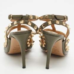 Pre Owned Valentino Army Green Leather Rockstud Ankle Strap Pumps Size 38.5