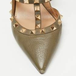 Pre Owned Valentino Army Green Leather Rockstud Ankle Strap Pumps Size 38.5