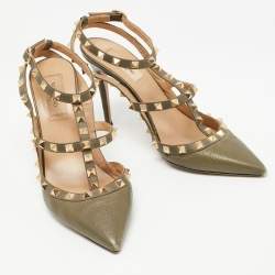 Pre Owned Valentino Army Green Leather Rockstud Ankle Strap Pumps Size 38.5
