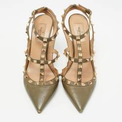 Pre Owned Valentino Army Green Leather Rockstud Ankle Strap Pumps Size 38.5