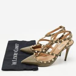 Pre Owned Valentino Army Green Leather Rockstud Ankle Strap Pumps Size 38.5