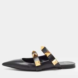 Pre Owned Valentino Black Leather Roman Stud Mules Size 40