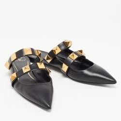 Pre Owned Valentino Black Leather Roman Stud Mules Size 40