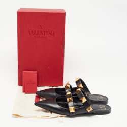 Pre Owned Valentino Black Leather Roman Stud Mules Size 40