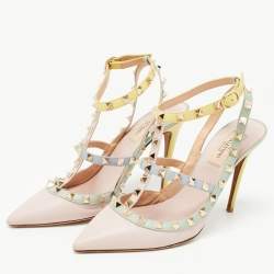 Pre Owned Valentino Multi Color Leather Rockstud  Strappy Pumps Size 38