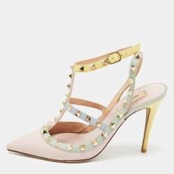 Pre Owned Valentino Multi Color Leather Rockstud  Strappy Pumps Size 38