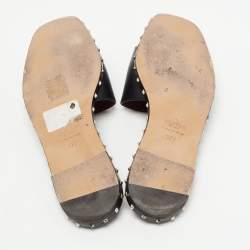 Pre Owned Valentino Black Leather Soul Rockstud Flat Slides Size 37.5