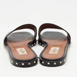 Pre Owned Valentino Black Leather Soul Rockstud Flat Slides Size 37.5