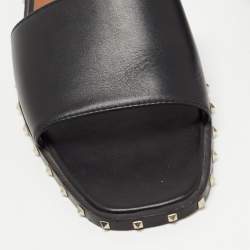 Pre Owned Valentino Black Leather Soul Rockstud Flat Slides Size 37.5