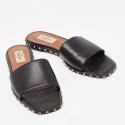 Pre Owned Valentino Black Leather Soul Rockstud Flat Slides Size 37.5
