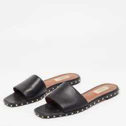 Pre Owned Valentino Black Leather Soul Rockstud Flat Slides Size 37.5