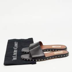 Pre Owned Valentino Black Leather Soul Rockstud Flat Slides Size 37.5