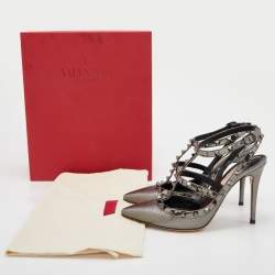 Pre Owned Valentino Metallic Grey Leather Rockstud Caged Ankle Strap Pumps Size 37.5