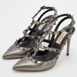 Pre Owned Valentino Metallic Grey Leather Rockstud Caged Ankle Strap Pumps Size 37.5