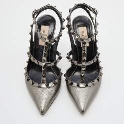 Pre Owned Valentino Metallic Grey Leather Rockstud Caged Ankle Strap Pumps Size 37.5
