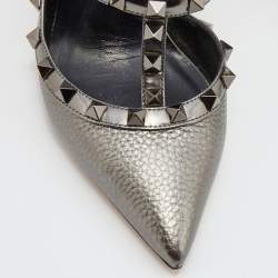 Pre Owned Valentino Metallic Grey Leather Rockstud Caged Ankle Strap Pumps Size 37.5
