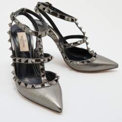 Pre Owned Valentino Metallic Grey Leather Rockstud Caged Ankle Strap Pumps Size 37.5