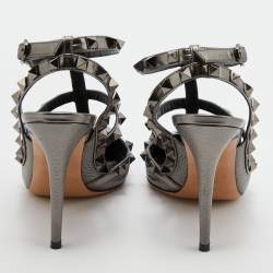 Pre Owned Valentino Metallic Grey Leather Rockstud Caged Ankle Strap Pumps Size 37.5